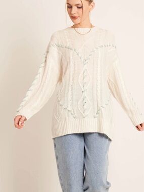 NATIVE YOUTH Cream Cable Knit Sweater with Pale Blue Stitching